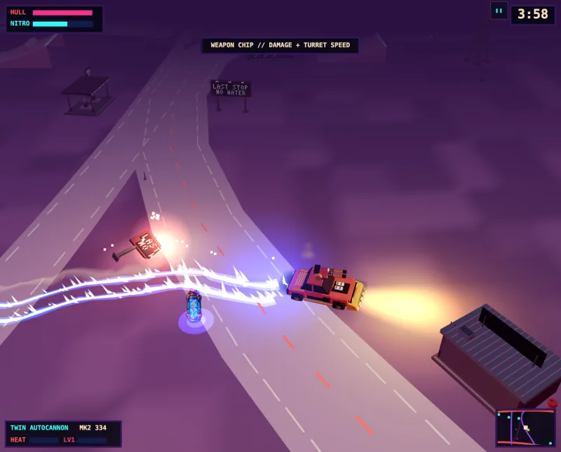 KARNAGE gameplay with a car drifting past an exploding enemy in the Meridian Waste